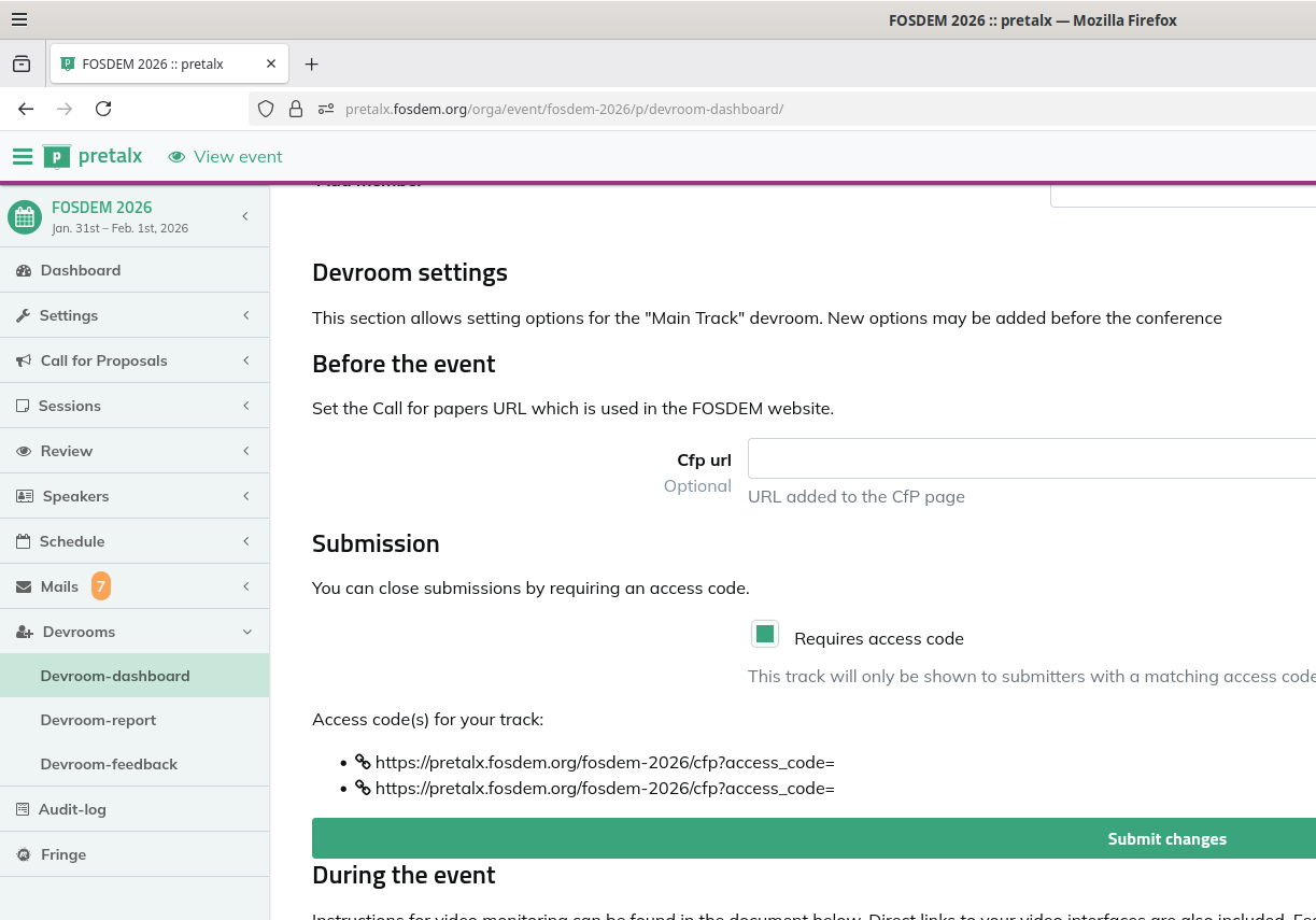Devroom dashboard showing require access code